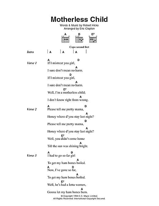 Preview Eric Clapton Motherless Child Pop sheet music, notes and chords for Guitar Tab, SKU: 62606 sheet music, piano notes, chords, guitar tabs, score, transpose, transcribe, how to play, guide, download, learn, tutorial, progression, song, artist, awards, billboard, mtv, vh1, tour, single, album, release