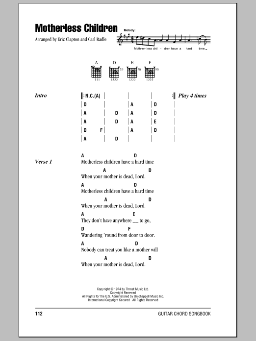 Download Eric Clapton Motherless Children sheet music and printable PDF score & Rock music notes