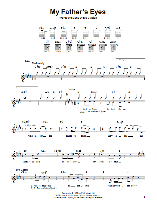 Preview Eric Clapton My Father's Eyes Rock sheet music, notes and chords for Lyrics & Chords, SKU: 79485 Download Eric Clapton My Father's Eyes sheet music and printable PDF score & Rock music notes