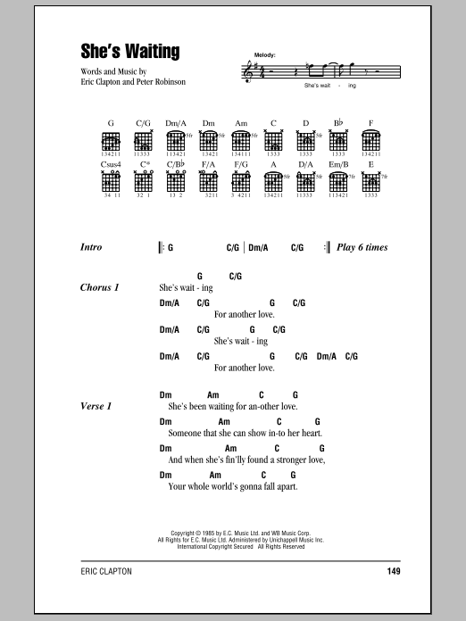 Preview Eric Clapton She's Waiting Rock sheet music, notes and chords for Lyrics & Chords, SKU: 79523 Download Eric Clapton She's Waiting sheet music and printable PDF score & Rock music notes