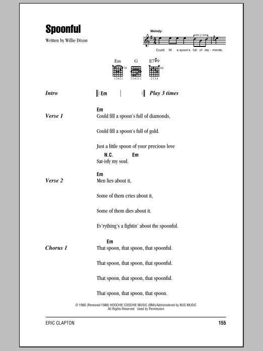 Preview Eric Clapton Spoonful Pop sheet music, notes and chords for Lyrics & Chords, SKU: 79499 sheet music, piano notes, chords, guitar tabs, score, transpose, transcribe, how to play, guide, download, learn, tutorial, progression, song, artist, awards, billboard, mtv, vh1, tour, single, album, release