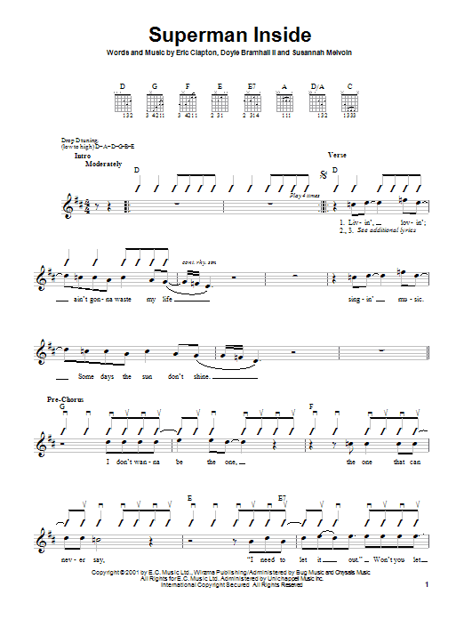 Preview Eric Clapton Superman Inside Pop sheet music, notes and chords for Guitar with strumming patterns, SKU: 24058 sheet music, piano notes, chords, guitar tabs, score, transpose, transcribe, how to play, guide, download, learn, tutorial, progression, song, artist, awards, billboard, mtv, vh1, tour, single, album, release