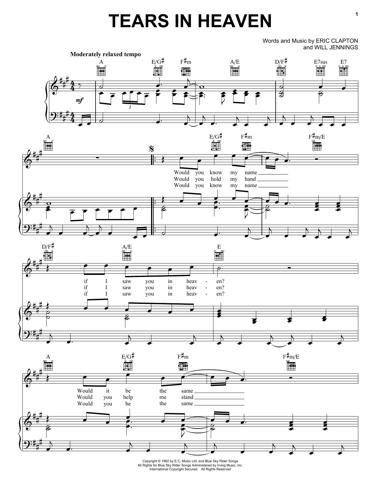 Tears In Heaven sheet music for alto saxophone solo (PDF)