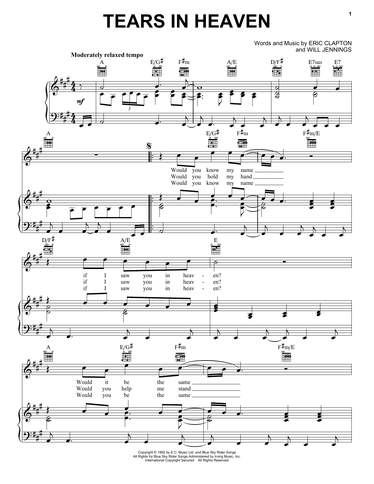 Download Eric Clapton Tears In Heaven sheet music and printable PDF score & Film and TV music notes