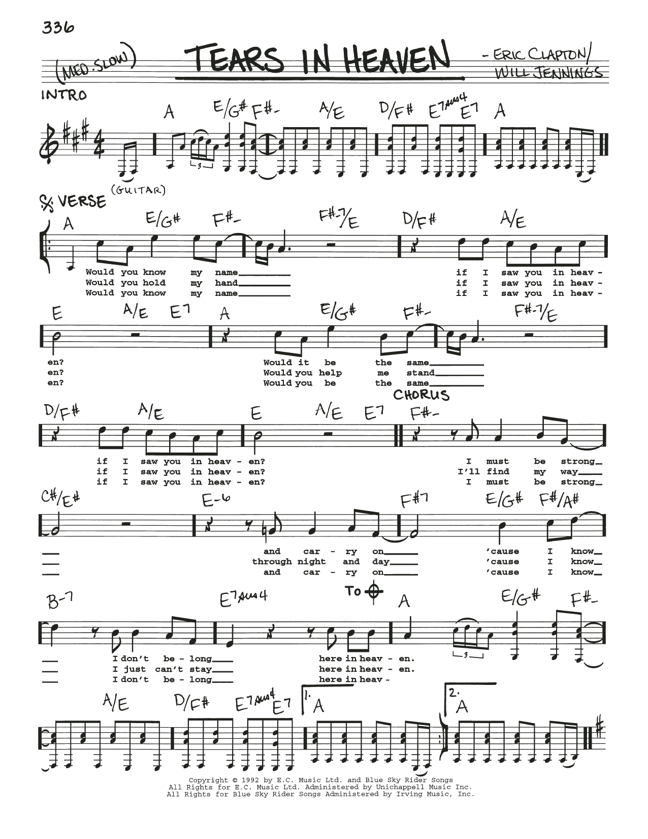 Download Eric Clapton Tears In Heaven sheet music and printable PDF score & Pop music notes