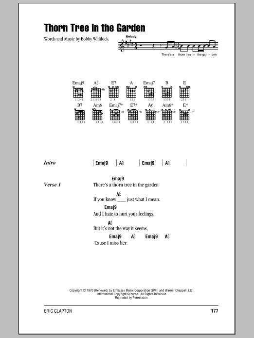 Preview Eric Clapton Thorn Tree In The Garden Rock sheet music, notes and chords for Lyrics & Chords, SKU: 79497 Download Eric Clapton Thorn Tree In The Garden sheet music and printable PDF score & Rock music notes