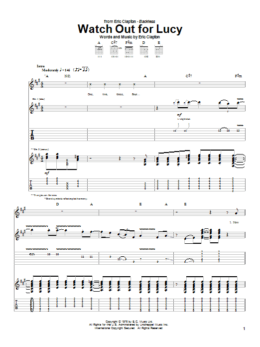 Download Eric Clapton Watch Out For Lucy sheet music and printable PDF score & Rock music notes