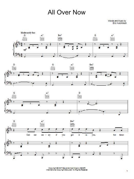 Preview Eric Hutchinson All Over Now Rock sheet music, notes and chords for Piano, Vocal & Guitar (Right-Hand Melody), SKU: 72697 sheet music, piano notes, chords, guitar tabs, score, transpose, transcribe, how to play, guide, download, learn, tutorial, progression, song, artist, awards, billboard, mtv, vh1, tour, single, album, release
