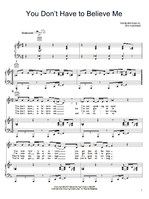 Download Eric Hutchinson You Don't Have To Believe Me sheet music and printable PDF score & Rock music notes