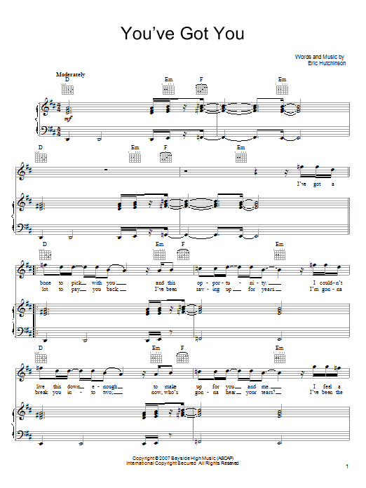 Download Eric Hutchinson You've Got You sheet music and printable PDF score & Rock music notes