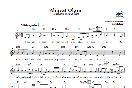 Preview Eric Mandell Ahavat Olam (Undying Is Your Love) Religious sheet music, notes and chords for Melody Line, Lyrics & Chords, SKU: 66483 sheet music, piano notes, chords, guitar tabs, score, transpose, transcribe, how to play, guide, download, learn, tutorial, progression, song, artist, awards, billboard, mtv, vh1, tour, single, album, release