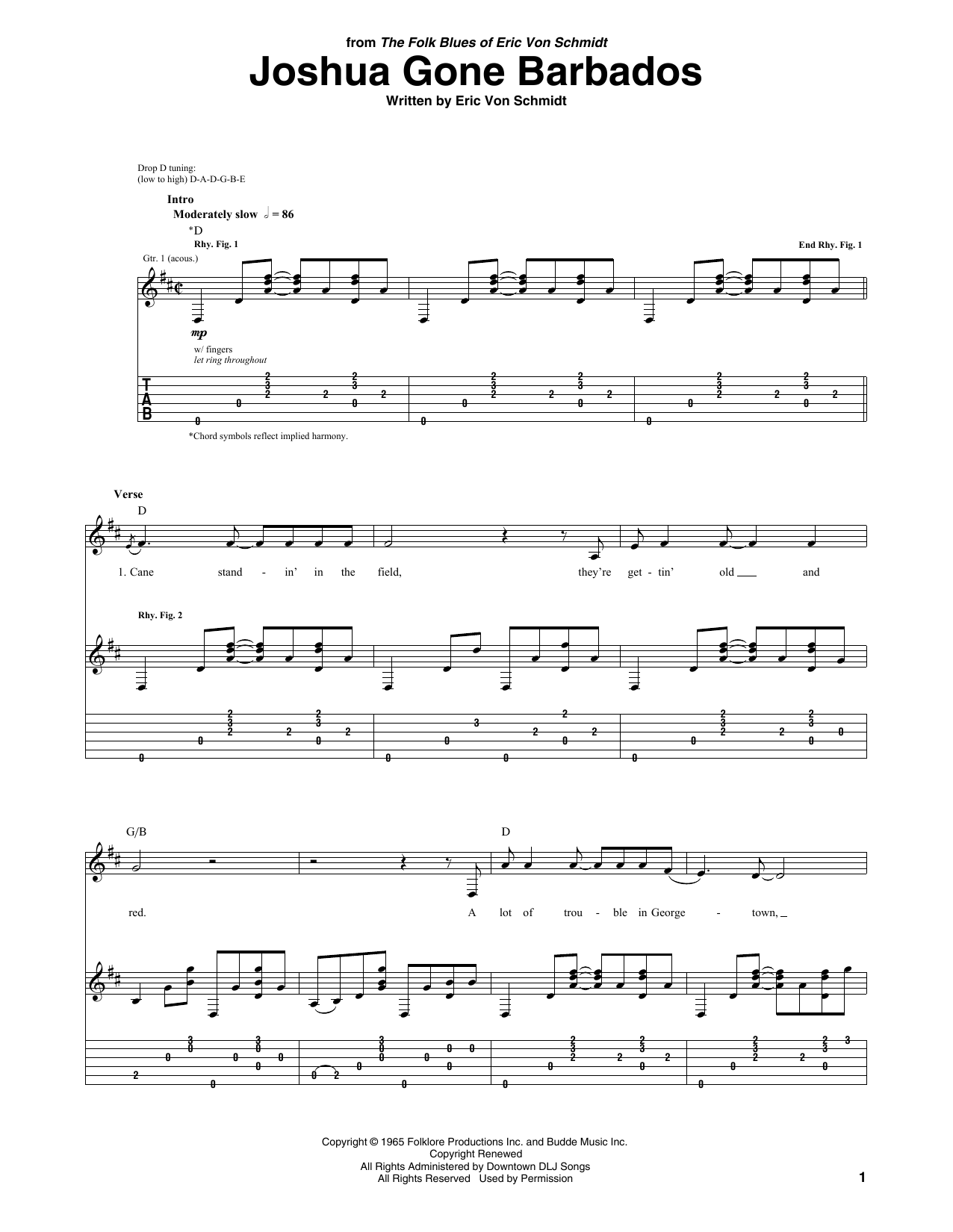 Download Eric von Schmidt Joshua Gone Barbados sheet music and printable PDF score & Folk music notes