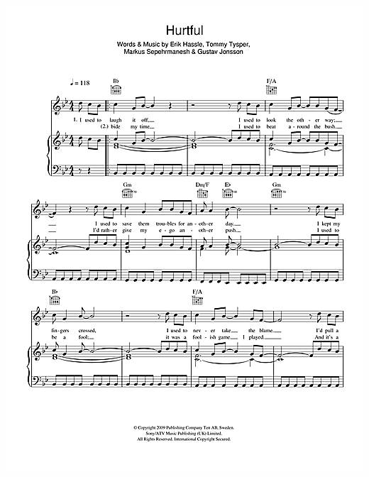 Preview Erik Hassle Hurtful Pop sheet music, notes and chords for Piano, Vocal & Guitar (Right-Hand Melody), SKU: 101311 sheet music, piano notes, chords, guitar tabs, score, transpose, transcribe, how to play, guide, download, learn, tutorial, progression, song, artist, awards, billboard, mtv, vh1, tour, single, album, release