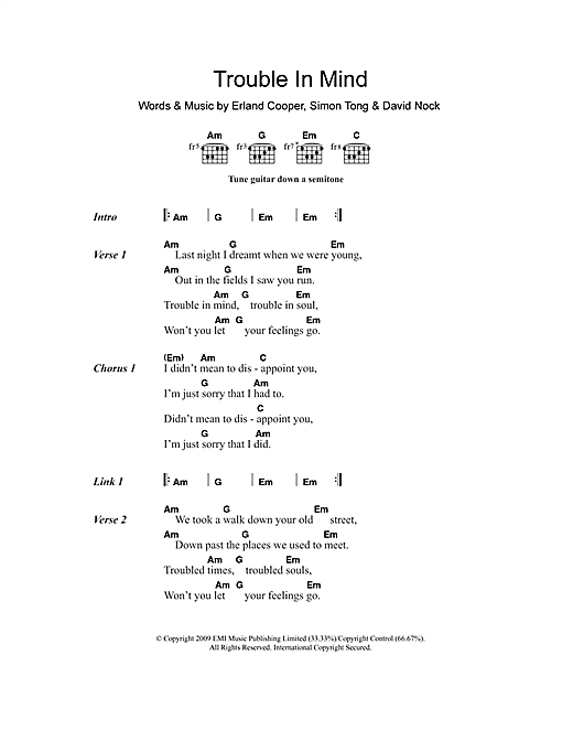 Preview Erland & The Carnival Trouble In Mind Pop sheet music, notes and chords for Lyrics & Chords, SKU: 108501 sheet music, piano notes, chords, guitar tabs, score, transpose, transcribe, how to play, guide, download, learn, tutorial, progression, song, artist, awards, billboard, mtv, vh1, tour, single, album, release