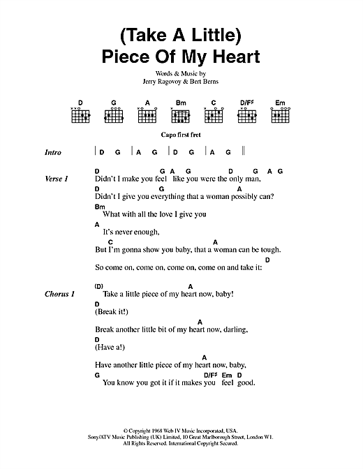 Download Erma Franklin (Take A Little) Piece Of My Heart sheet music and printable PDF score & Pop music notes