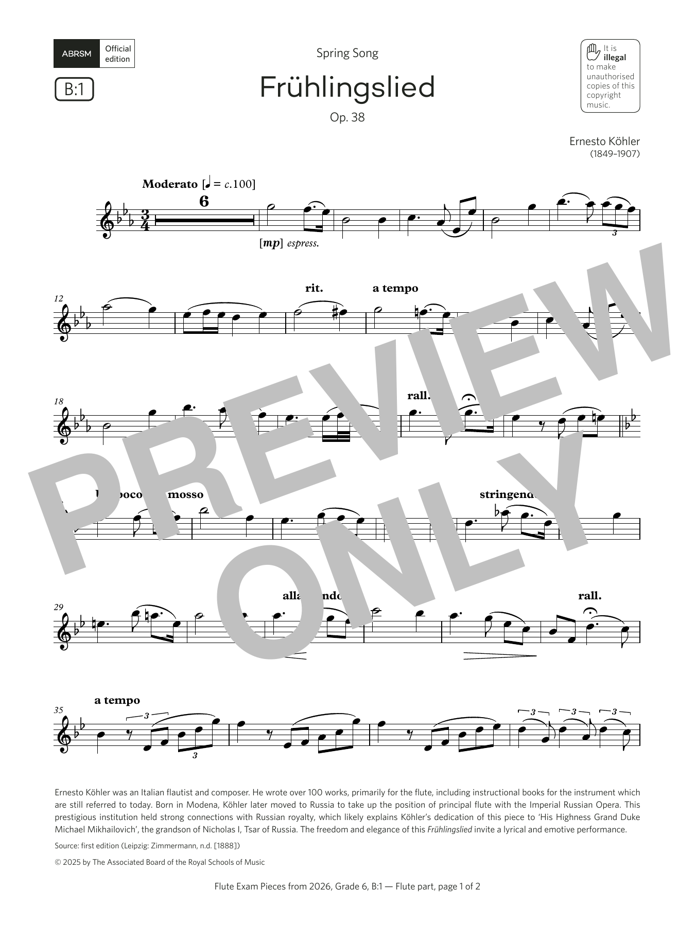 Ernesto Köhler Frühlingslied (Grade 6, list B1, from the ABRSM Flute Syllabus from 2026) Sheet Music & Chords for Flute Solo - Download or Print PDF