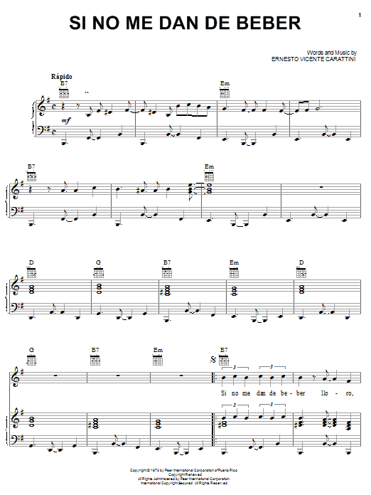 Preview Ernesto Vicente Carattini Si No Me Dan De Beber World sheet music, notes and chords for Piano, Vocal & Guitar (Right-Hand Melody), SKU: 21358 sheet music, piano notes, chords, guitar tabs, score, transpose, transcribe, how to play, guide, download, learn, tutorial, progression, song, artist, awards, billboard, mtv, vh1, tour, single, album, release