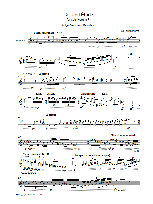 Download Esa-Pekka Salonen Concert Etude For Solo Horn In F sheet music and printable PDF score & Classical music notes
