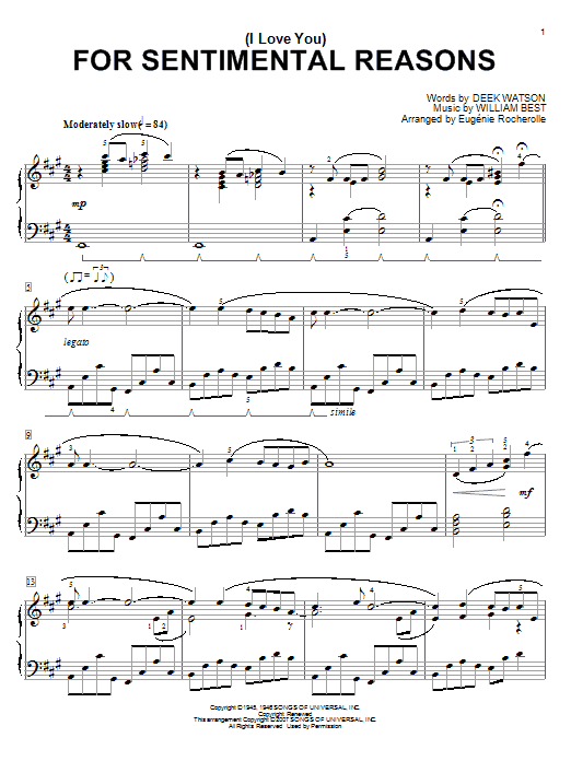 Preview Eugénie Rocherolle (I Love You) For Sentimental Reasons Folk sheet music, notes and chords for Piano, SKU: 58900 Download Eugénie Rocherolle (I Love You) For Sentimental Reasons sheet music and printable PDF score & Folk music notes