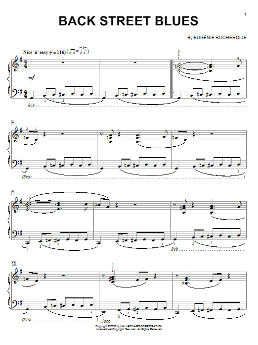Preview Eugénie Rocherolle Back Street Blues Jazz sheet music, notes and chords for Piano, SKU: 58986 sheet music, piano notes, chords, guitar tabs, score, transpose, transcribe, how to play, guide, download, learn, tutorial, progression, song, artist, awards, billboard, mtv, vh1, tour, single, album, release