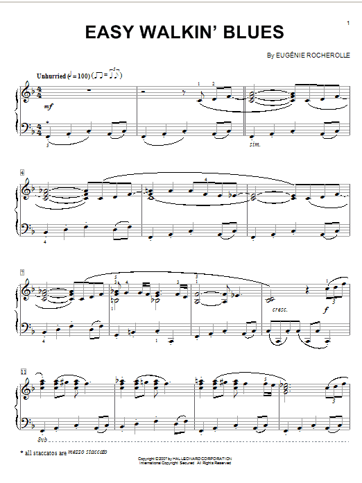 Preview Eugénie Rocherolle Easy Walkin' Blues Jazz sheet music, notes and chords for Piano, SKU: 58984 sheet music, piano notes, chords, guitar tabs, score, transpose, transcribe, how to play, guide, download, learn, tutorial, progression, song, artist, awards, billboard, mtv, vh1, tour, single, album, release