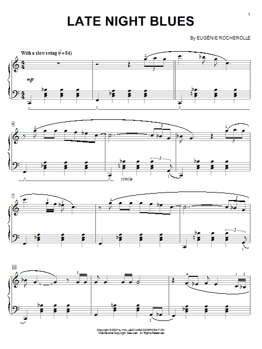 Preview Eugénie Rocherolle Late Night Blues Jazz sheet music, notes and chords for Piano, SKU: 58982 sheet music, piano notes, chords, guitar tabs, score, transpose, transcribe, how to play, guide, download, learn, tutorial, progression, song, artist, awards, billboard, mtv, vh1, tour, single, album, release