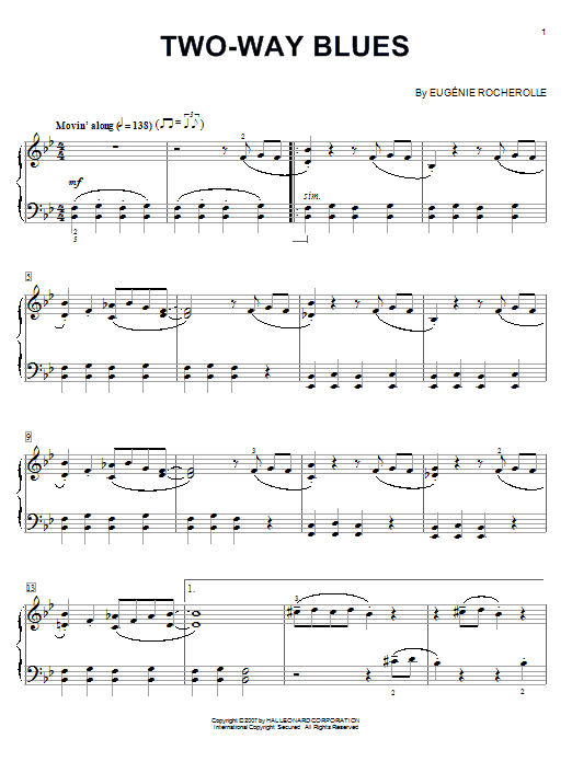 Preview Eugénie Rocherolle Two-Way Blues Jazz sheet music, notes and chords for Piano, SKU: 58981 sheet music, piano notes, chords, guitar tabs, score, transpose, transcribe, how to play, guide, download, learn, tutorial, progression, song, artist, awards, billboard, mtv, vh1, tour, single, album, release