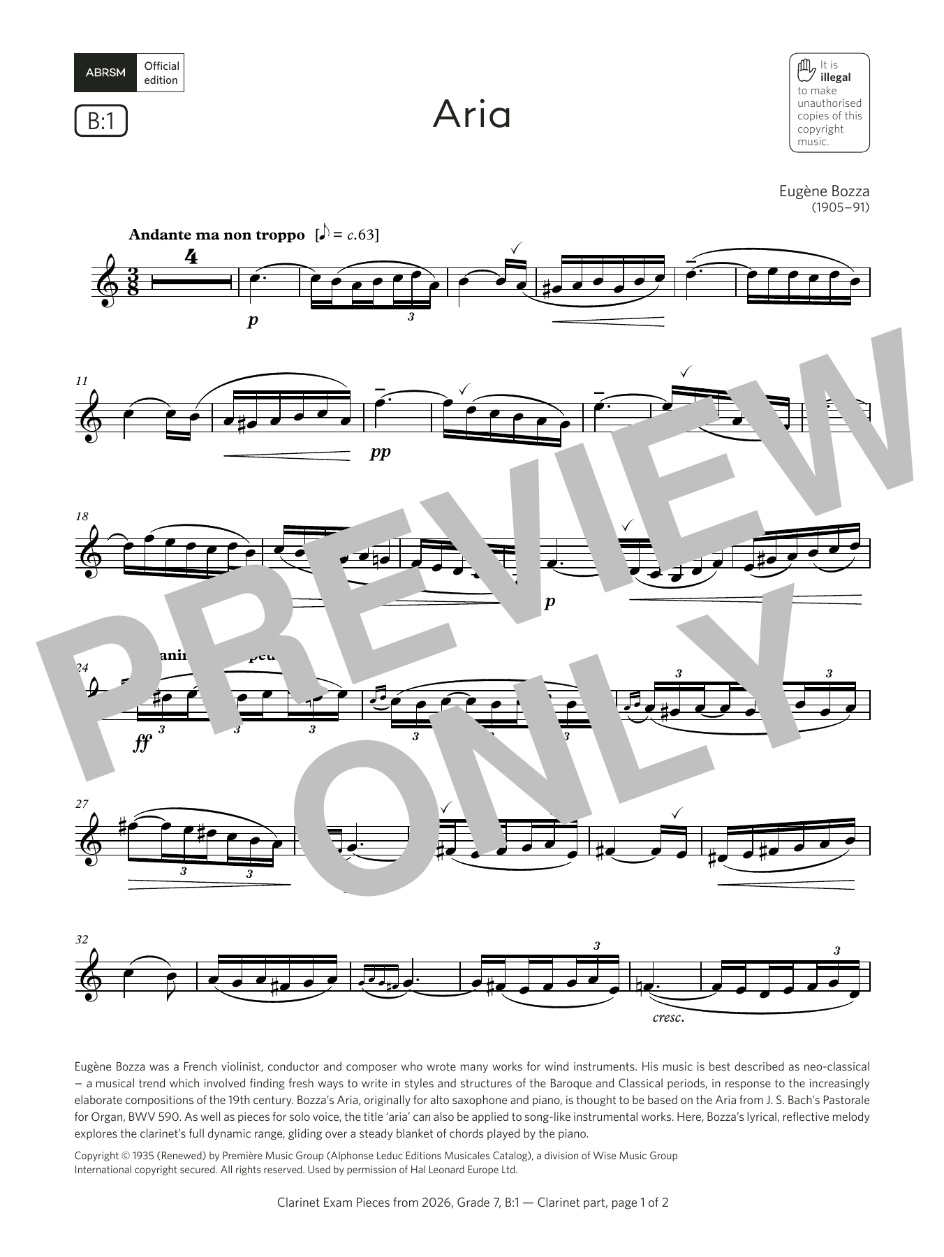 Eugène Bozza Aria (Grade 7, list B1, from the ABRSM Clarinet Syllabus from 2026) Sheet Music & Chords for Clarinet Solo - Download or Print PDF
