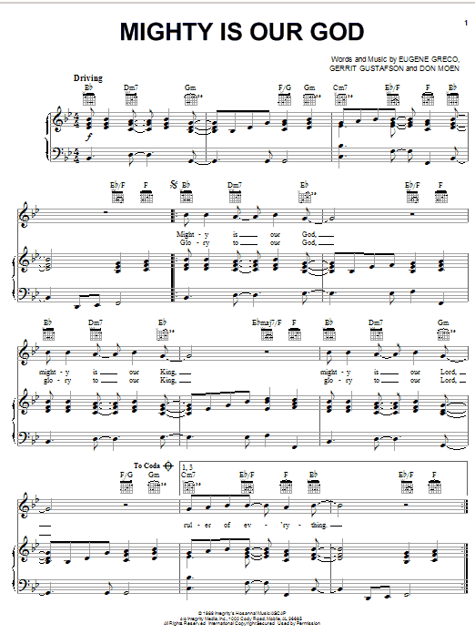 Preview Eugene Greco Mighty Is Our God Religious sheet music, notes and chords for Piano, Vocal & Guitar (Right-Hand Melody), SKU: 23963 Download Eugene Greco Mighty Is Our God sheet music and printable PDF score & Religious music notes