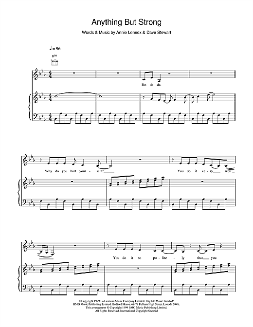 Preview Eurythmics Anything But Strong Rock sheet music, notes and chords for Piano, Vocal & Guitar, SKU: 17367 sheet music, piano notes, chords, guitar tabs, score, transpose, transcribe, how to play, guide, download, learn, tutorial, progression, song, artist, awards, billboard, mtv, vh1, tour, single, album, release