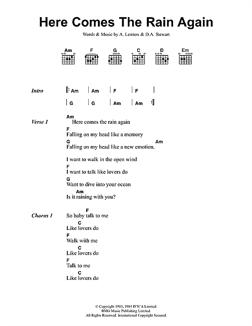 Download Eurythmics Here Comes The Rain Again sheet music and printable PDF score & Pop music notes