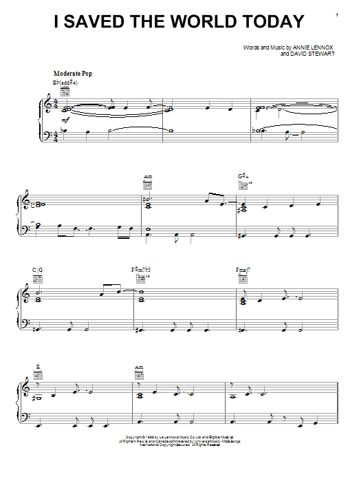 Download Eurythmics I Saved The World Today sheet music and printable PDF score & Rock music notes