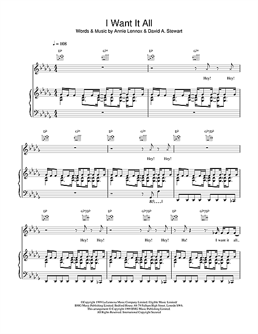 Preview Eurythmics I Want It All Rock sheet music, notes and chords for Piano, Vocal & Guitar, SKU: 17371 sheet music, piano notes, chords, guitar tabs, score, transpose, transcribe, how to play, guide, download, learn, tutorial, progression, song, artist, awards, billboard, mtv, vh1, tour, single, album, release