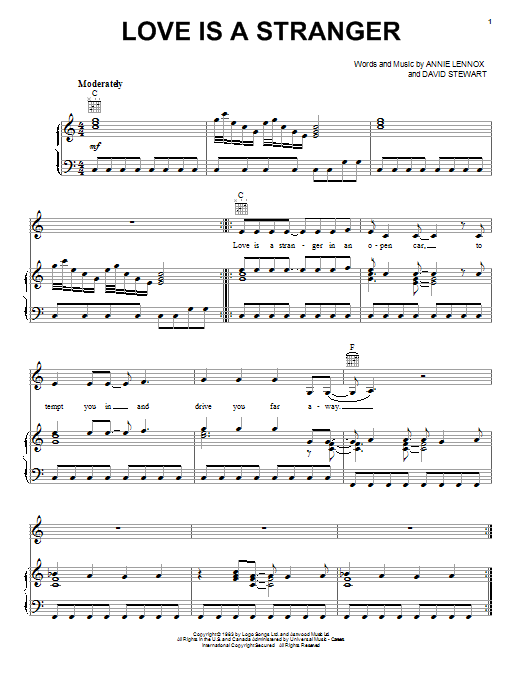 Preview Eurythmics Love Is A Stranger Pop sheet music, notes and chords for Piano, Vocal & Guitar (Right-Hand Melody), SKU: 36345 Download Eurythmics Love Is A Stranger sheet music and printable PDF score & Pop music notes