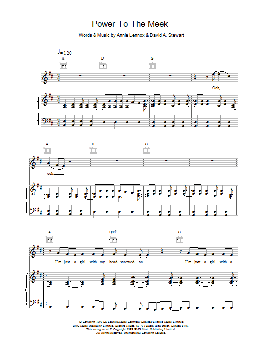 Download Eurythmics Power To The Meek sheet music and printable PDF score & Rock music notes
