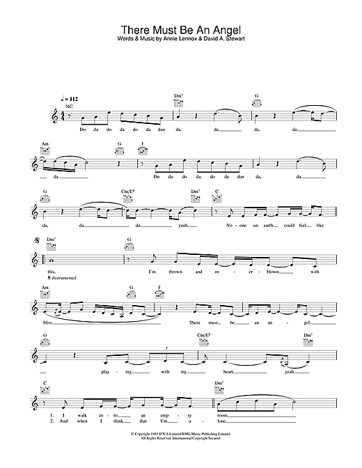 Preview Eurythmics There Must Be An Angel (Playing With My Heart) Pop sheet music, notes and chords for Melody Line, Lyrics & Chords, SKU: 31673 Download Eurythmics There Must Be An Angel (Playing With My Heart) sheet music and printable PDF score & Pop music notes