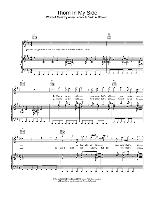 Preview Eurythmics Thorn In My Side Pop sheet music, notes and chords for Lyrics & Chords, SKU: 108439 sheet music, piano notes, chords, guitar tabs, score, transpose, transcribe, how to play, guide, download, learn, tutorial, progression, song, artist, awards, billboard, mtv, vh1, tour, single, album, release