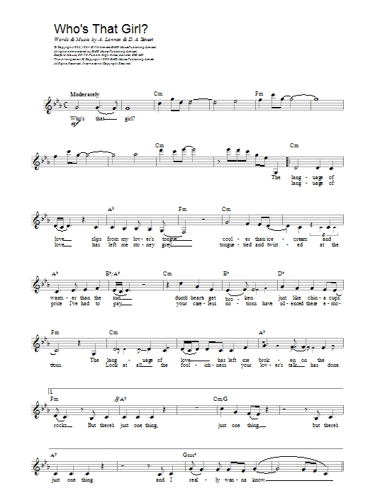Preview Eurythmics Who's That Girl? Rock sheet music, notes and chords for Melody Line, Lyrics & Chords, SKU: 14238 Download Eurythmics Who's That Girl? sheet music and printable PDF score & Rock music notes