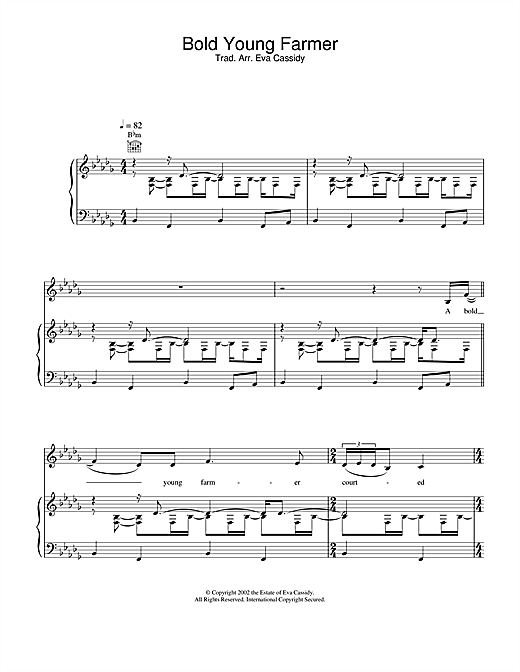 Preview Eva Cassidy A Bold Young Farmer Jazz sheet music, notes and chords for Piano, Vocal & Guitar, SKU: 21894 sheet music, piano notes, chords, guitar tabs, score, transpose, transcribe, how to play, guide, download, learn, tutorial, progression, song, artist, awards, billboard, mtv, vh1, tour, single, album, release