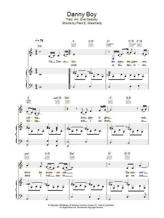 Preview Eva Cassidy Danny Boy (Londonderry Air) Traditional sheet music, notes and chords for Piano, Vocal & Guitar, SKU: 21895 Download Eva Cassidy Danny Boy (Londonderry Air) sheet music and printable PDF score & Traditional music notes