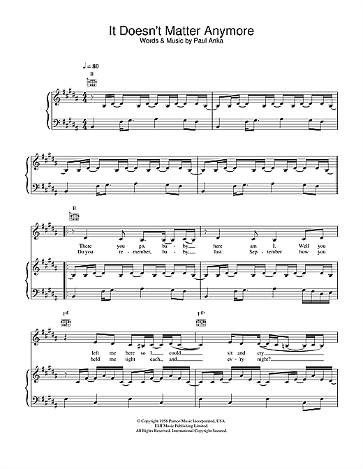 Preview Eva Cassidy It Doesn't Matter Anymore Jazz sheet music, notes and chords for Piano, Vocal & Guitar, SKU: 21898 sheet music, piano notes, chords, guitar tabs, score, transpose, transcribe, how to play, guide, download, learn, tutorial, progression, song, artist, awards, billboard, mtv, vh1, tour, single, album, release