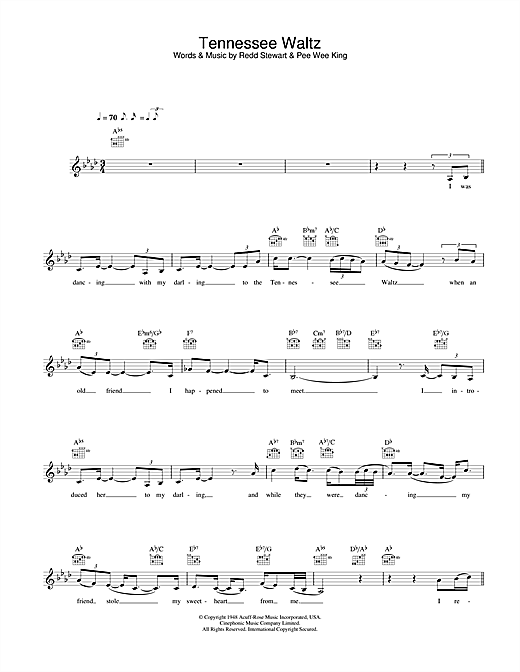 Preview Eva Cassidy Tennessee Waltz Jazz sheet music, notes and chords for Melody Line, Lyrics & Chords, SKU: 28283 Download Eva Cassidy Tennessee Waltz sheet music and printable PDF score & Jazz music notes