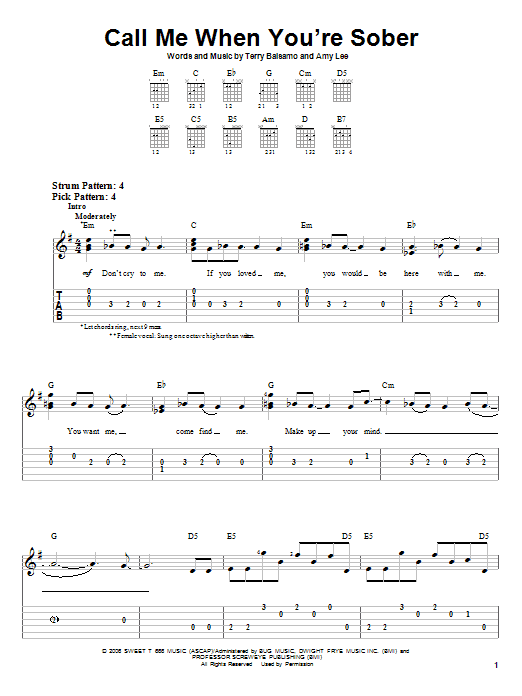 Preview Evanescence Call Me When You're Sober Pop sheet music, notes and chords for Guitar Tab, SKU: 58634 Download Evanescence Call Me When You're Sober sheet music and printable PDF score & Pop music notes