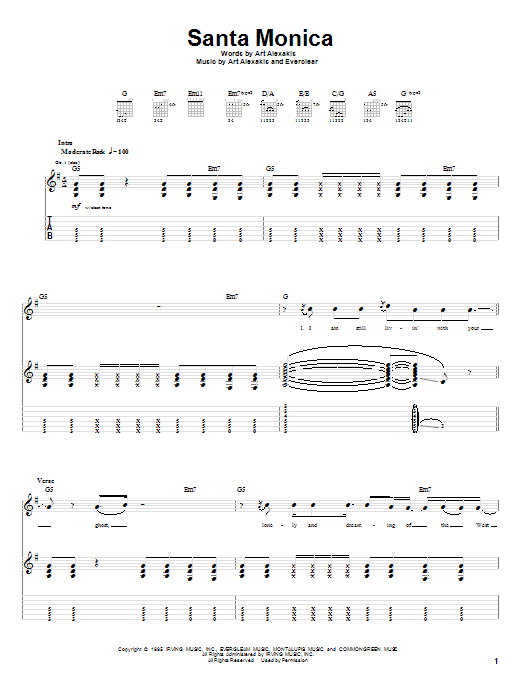 Download Everclear Santa Monica sheet music and printable PDF score & Rock music notes