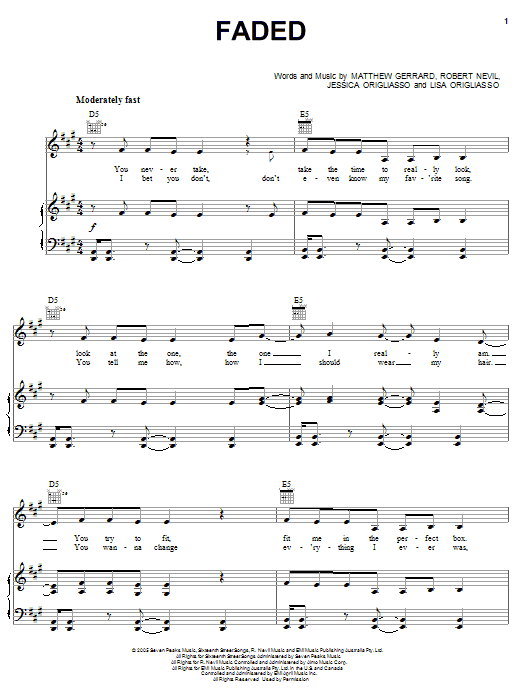 Preview Everlife Faded Pop sheet music, notes and chords for Piano, Vocal & Guitar (Right-Hand Melody), SKU: 58620 sheet music, piano notes, chords, guitar tabs, score, transpose, transcribe, how to play, guide, download, learn, tutorial, progression, song, artist, awards, billboard, mtv, vh1, tour, single, album, release