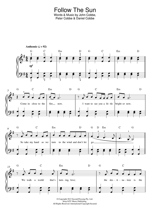 Evermore Follow The Sun Sheet Music & Chords for Beginner Piano - Download or Print PDF