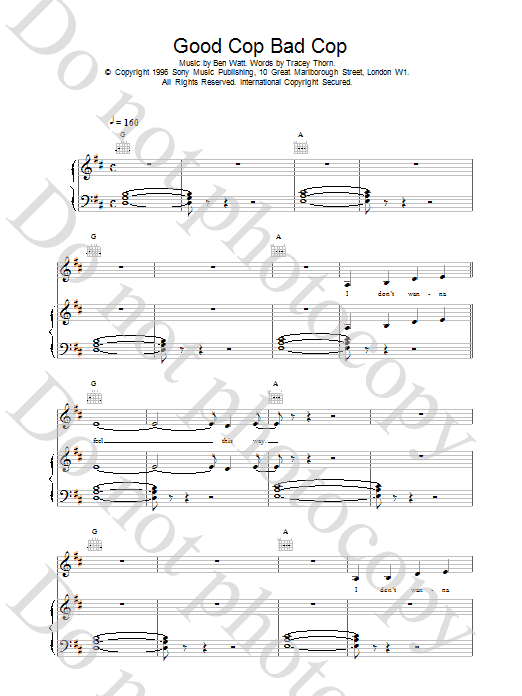 Preview Everything But The Girl Good Cop Bad Cop Pop sheet music, notes and chords for Piano, Vocal & Guitar (Right-Hand Melody), SKU: 17297 Download Everything But The Girl Good Cop Bad Cop sheet music and printable PDF score & Pop music notes
