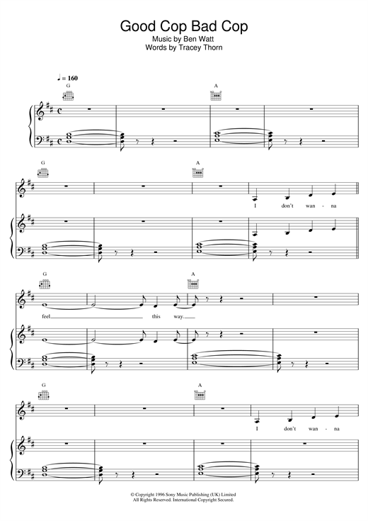 Preview Everything But The Girl Good Cop Bad Cop Pop sheet music, notes and chords for Piano, Vocal & Guitar (Right-Hand Melody), SKU: 17297 sheet music, piano notes, chords, guitar tabs, score, transpose, transcribe, how to play, guide, download, learn, tutorial, progression, song, artist, awards, billboard, mtv, vh1, tour, single, album, release