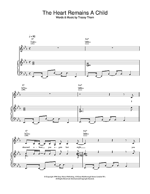 Preview Everything But The Girl The Heart Remains A Child Pop sheet music, notes and chords for Piano, Vocal & Guitar (Right-Hand Melody), SKU: 17300 sheet music, piano notes, chords, guitar tabs, score, transpose, transcribe, how to play, guide, download, learn, tutorial, progression, song, artist, awards, billboard, mtv, vh1, tour, single, album, release