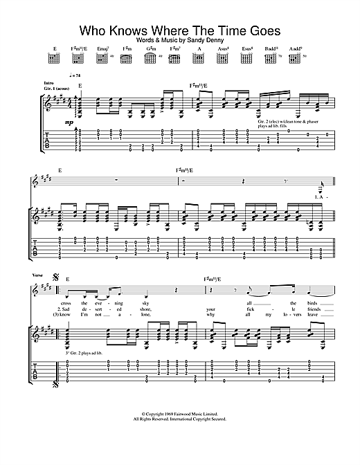 Preview Fairport Convention Who Knows Where The Time Goes Pop sheet music, notes and chords for Guitar Tab, SKU: 23554 sheet music, piano notes, chords, guitar tabs, score, transpose, transcribe, how to play, guide, download, learn, tutorial, progression, song, artist, awards, billboard, mtv, vh1, tour, single, album, release
